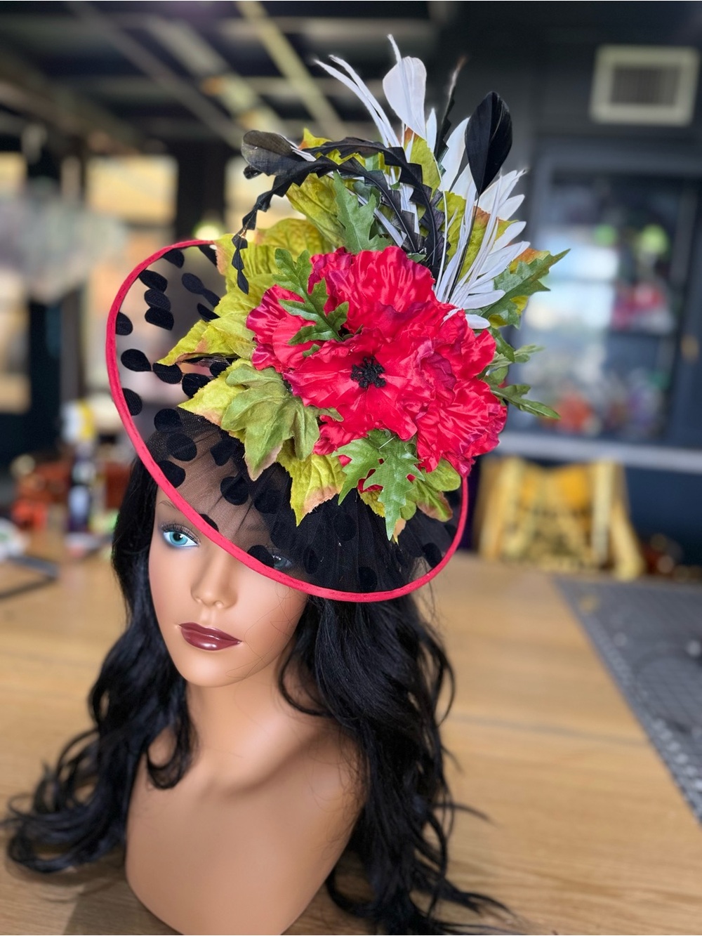 Black and Red Floral Fascinator Hat - Women Accessories
